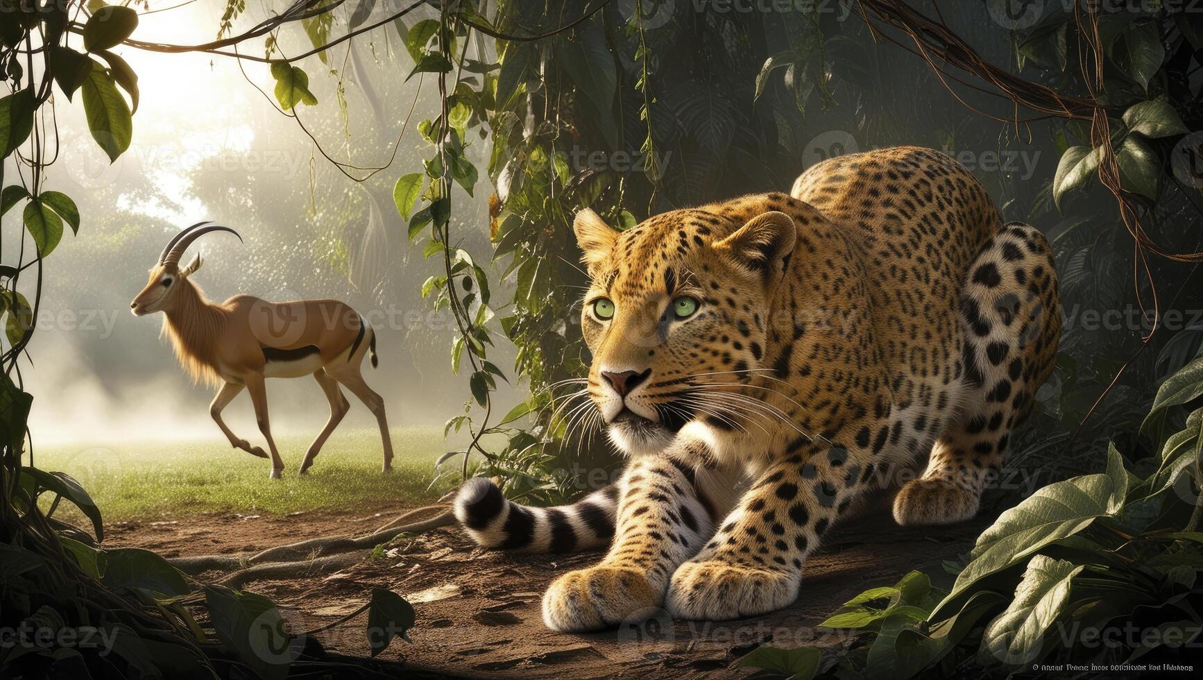 Leopard Prowling in Jungle with Gazelle Hunting for Wildlife Adventure photo