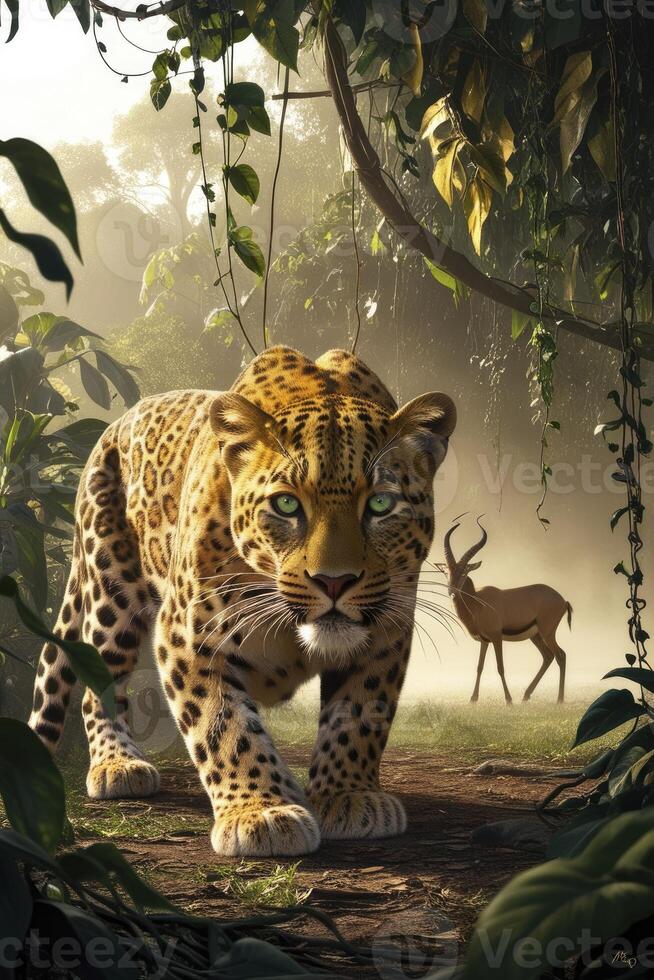 Leopard Walking Through Jungle with Deer in the Misty Background photo