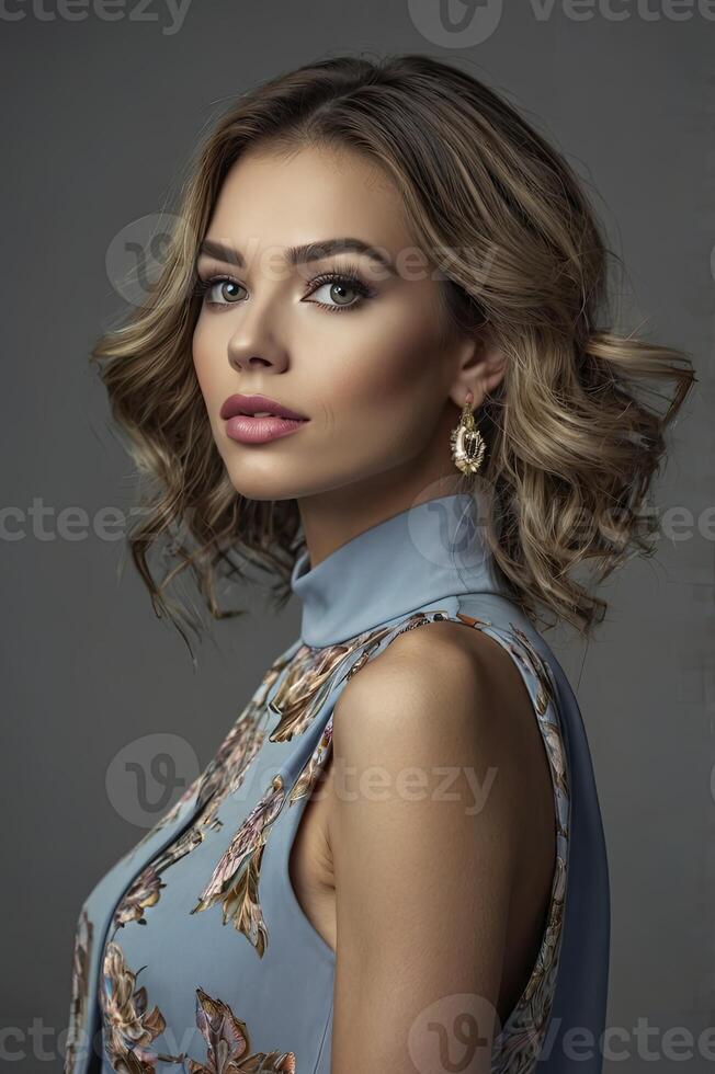 Elegant Portrait of a Woman with Soft Lighting and Stylish Makeup photo