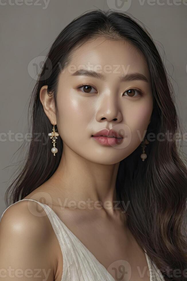 Elegant Asian Woman Portrait with Pearl Earrings and Natural Beauty photo
