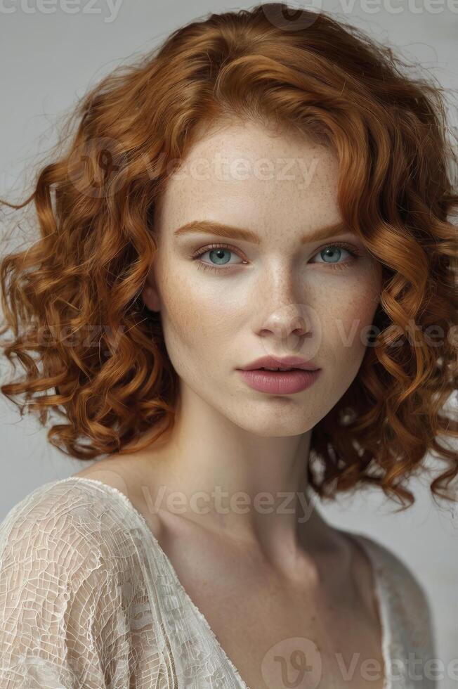 Portrait of a Woman with Red Curly Hair and Blue Eyes Looking at Camera photo