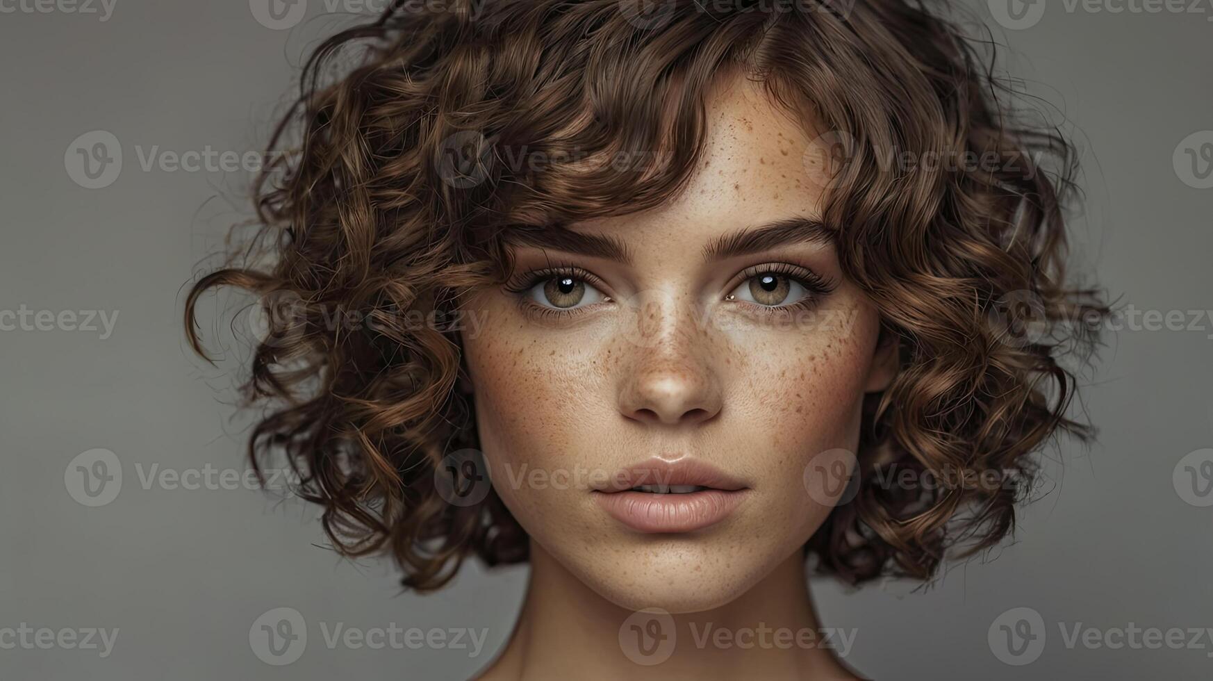 Woman with Curly Hair and Freckles in a Studio Portrait Looking at the Camera photo