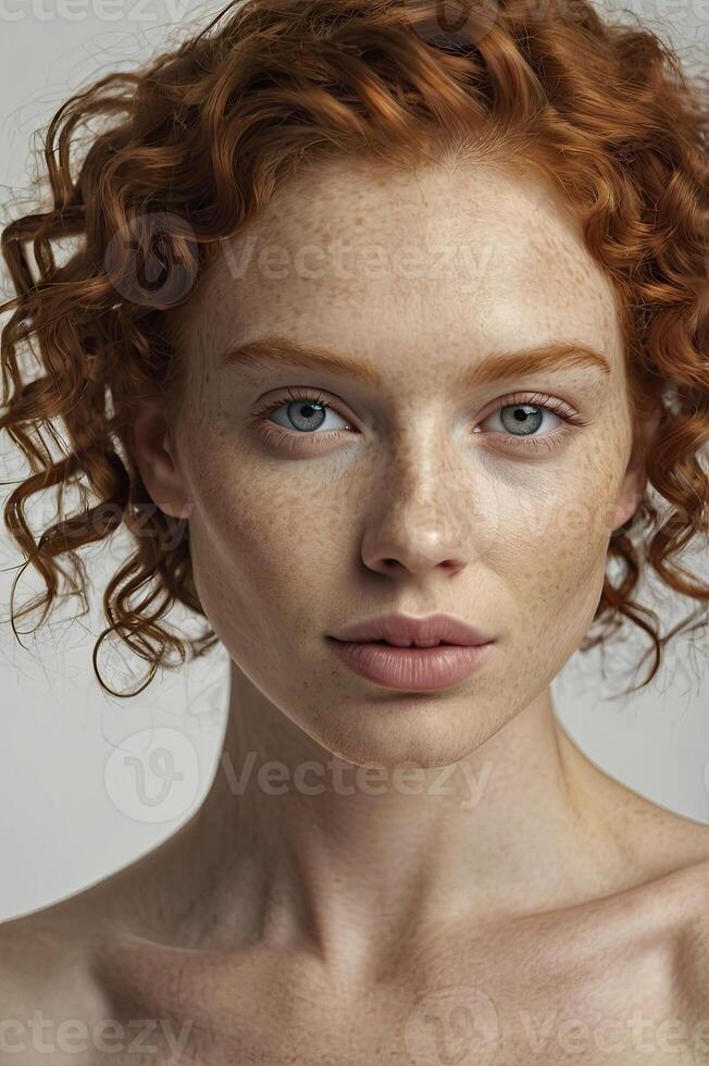 Portrait of a Young Woman with Red Curly Hair and Freckles, Looking at the Viewer photo