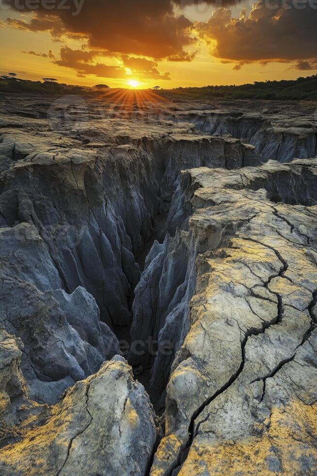 Dramatic Sunset Over Cracked Earth and Erosion Landscape photo