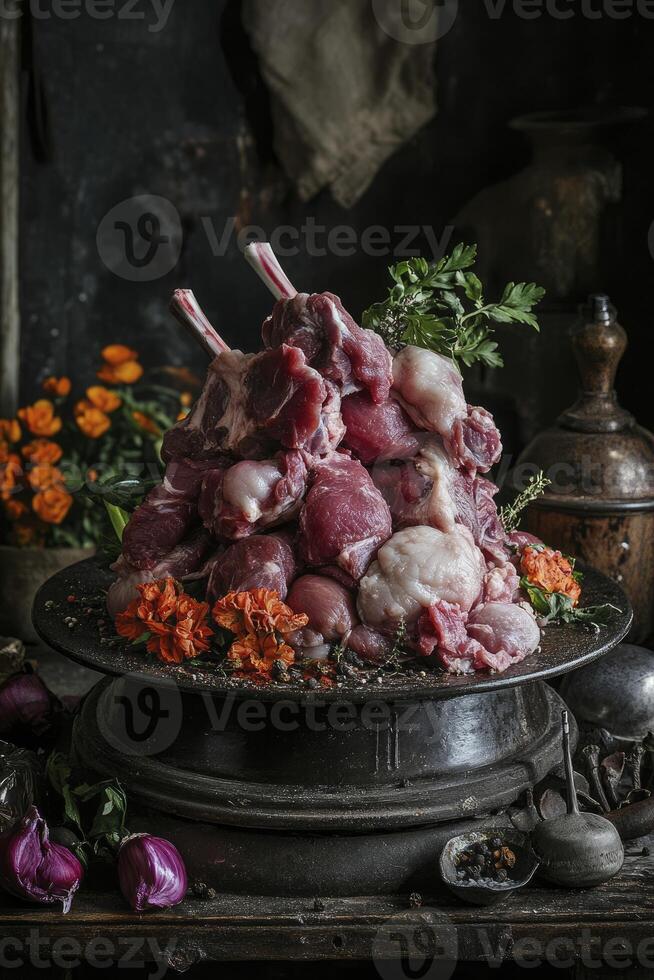 Raw Lamb Chops and Meat Display on Rustic Plate with Vibrant Flowers photo