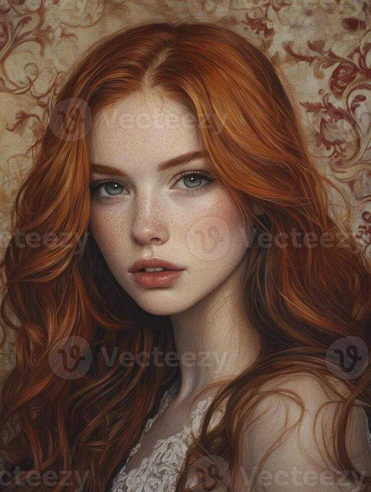 Portrait of a Woman with Red Hair, Freckles, and a Decorative Background photo