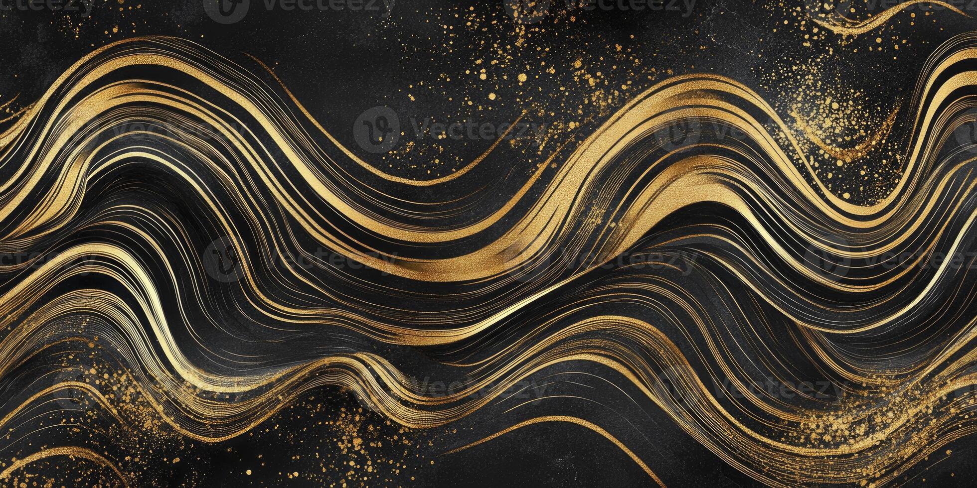 Golden Wavy Lines Abstract Background with Black Texture and Glittering Particles photo