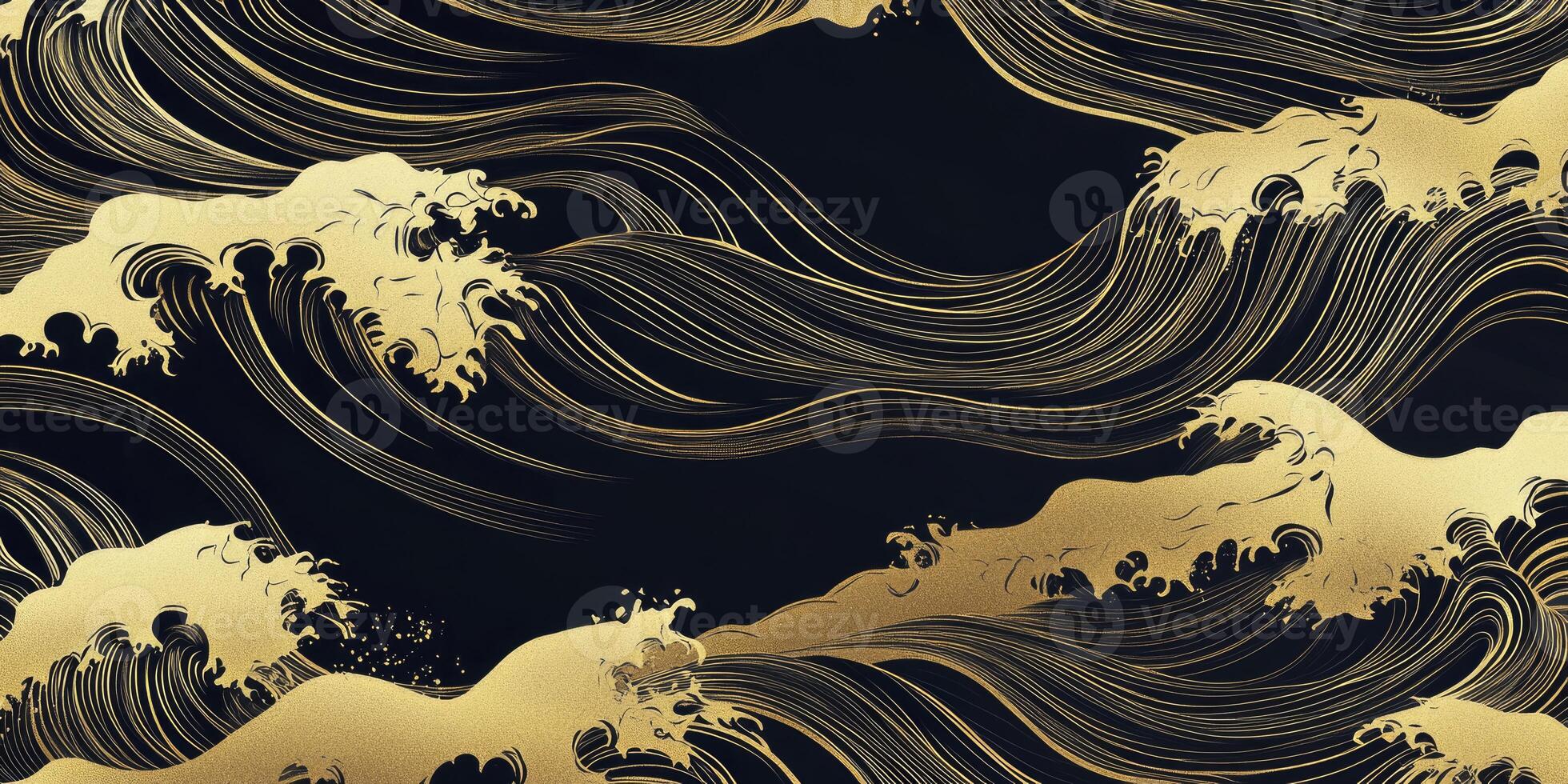 Golden Waves Art on Black Background with Flowing Lines Illustration Design photo
