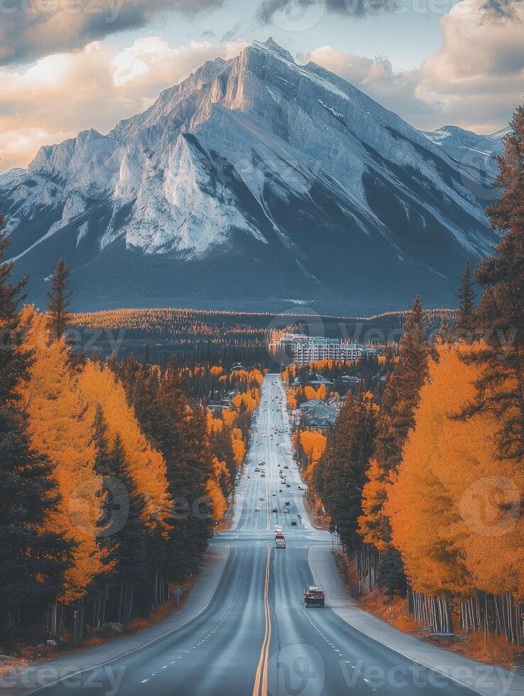 Mountain Road Leading to Majestic Peaks with Autumn Trees and Stunning Scenery photo