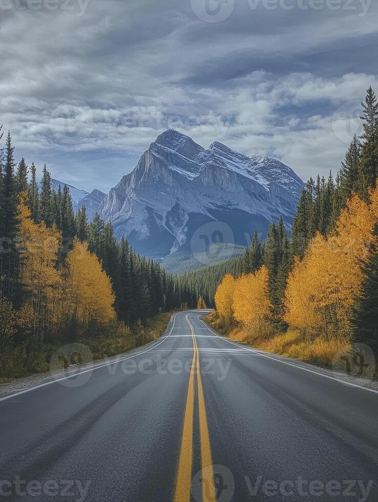Scenic Road Through Autumn Forest Leading to Majestic Snow Capped Mountain photo