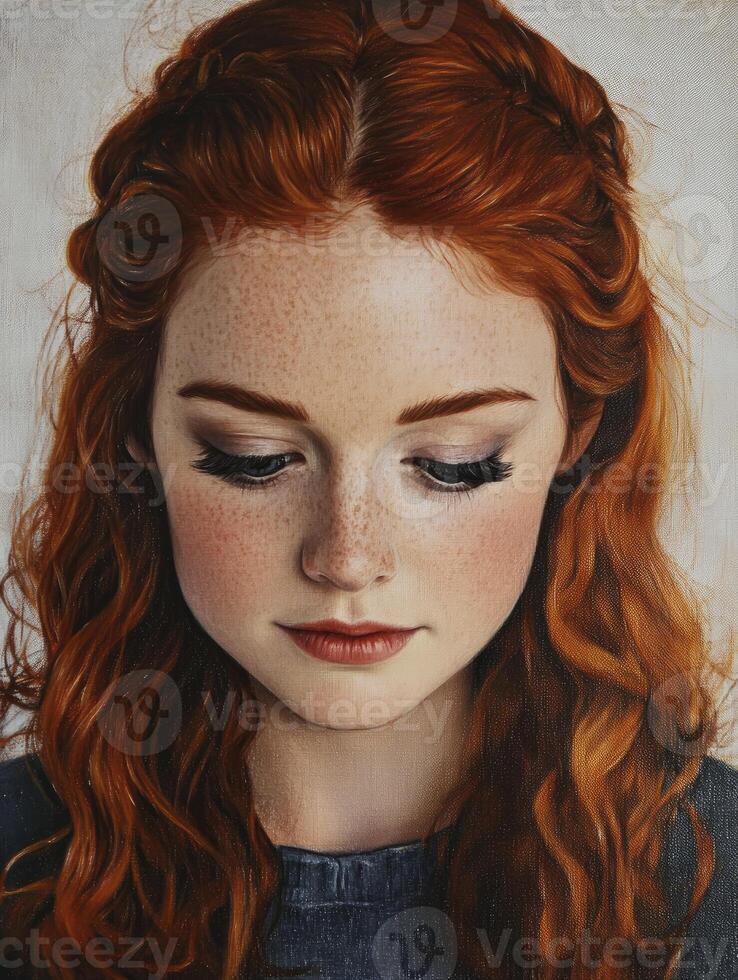 Portrait of a Young Woman with Red Hair and Freckles Looking Down photo