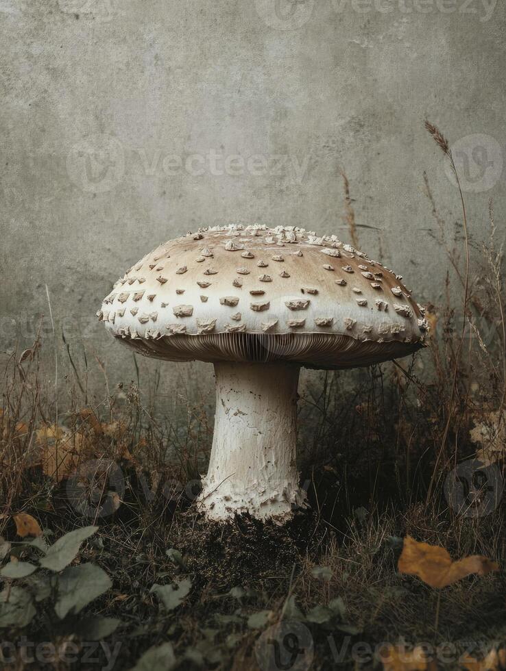 Large Mushroom Standing Alone in Grassy Field with Textured Background photo