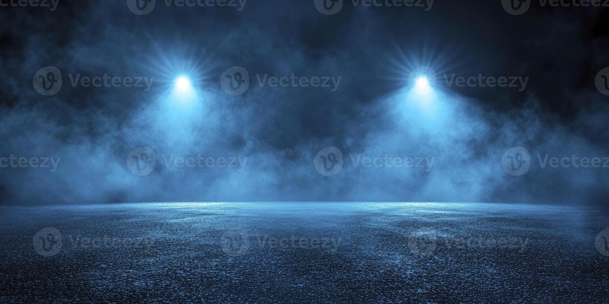Spotlights Illuminate Misty Stage with Dark Background and Blue Tones photo