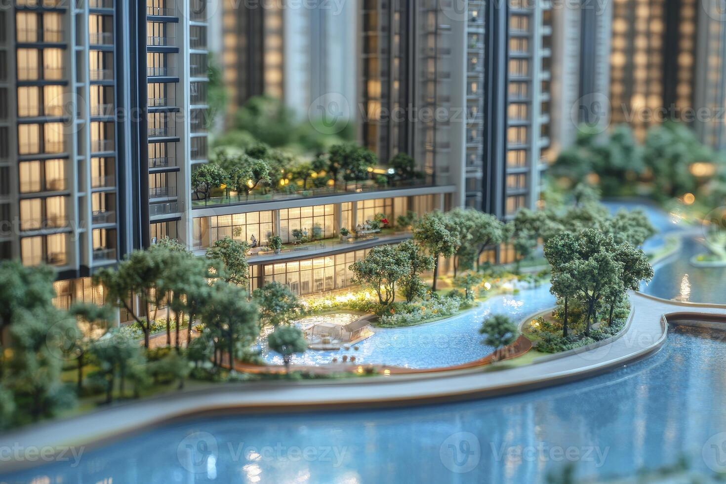 Architectural Model of Modern Apartment Complex with Water Features and Landscaping photo