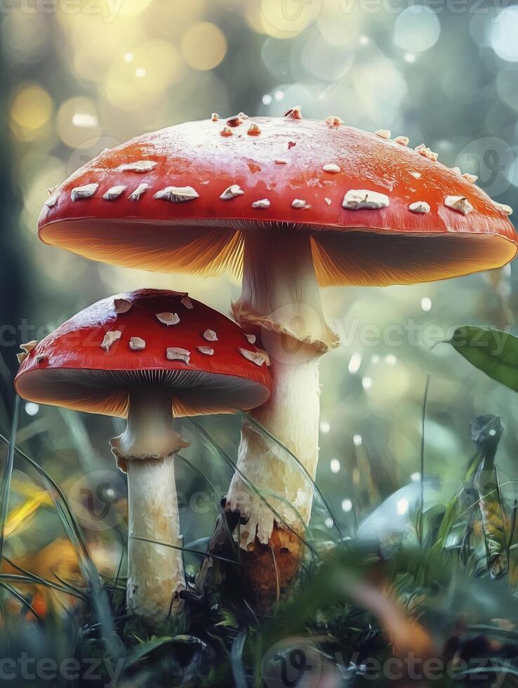 Two Red Mushrooms Growing in Forest with White Spots and Bokeh Background photo