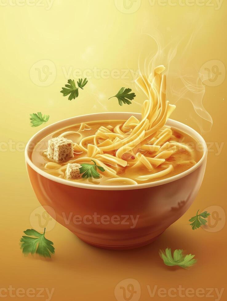 Bowl of Hot Noodle Soup with Fresh Parsley and Steaming Noodles photo