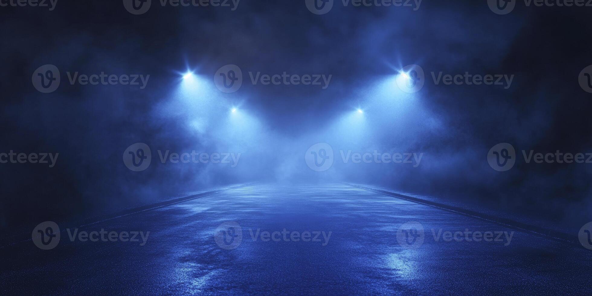 Road Illuminated by Spotlights in a Smoky Blue Atmosphere Abstract Background photo