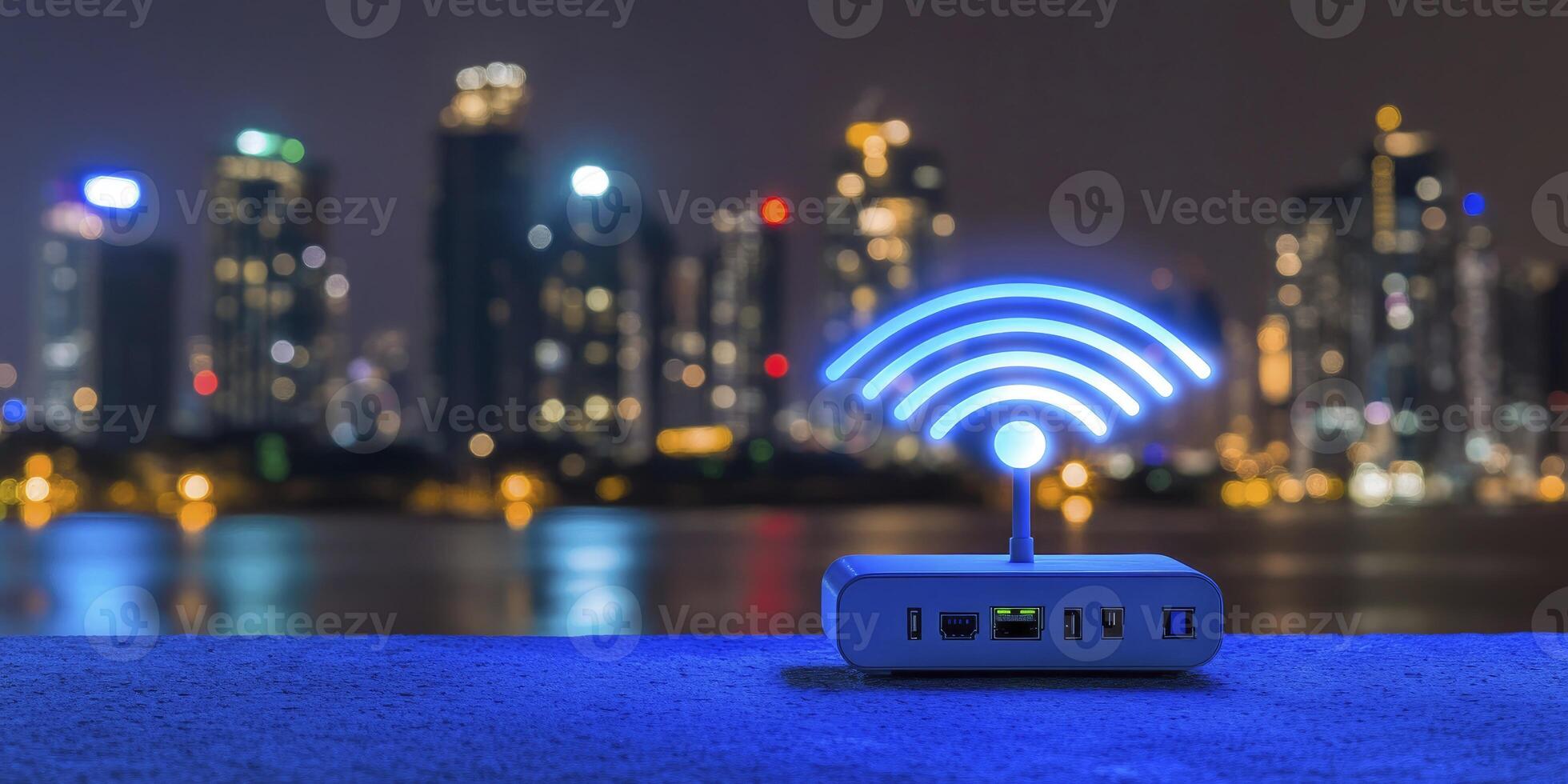 Wireless Router Displaying Wifi Signal with City Skyline at Night photo