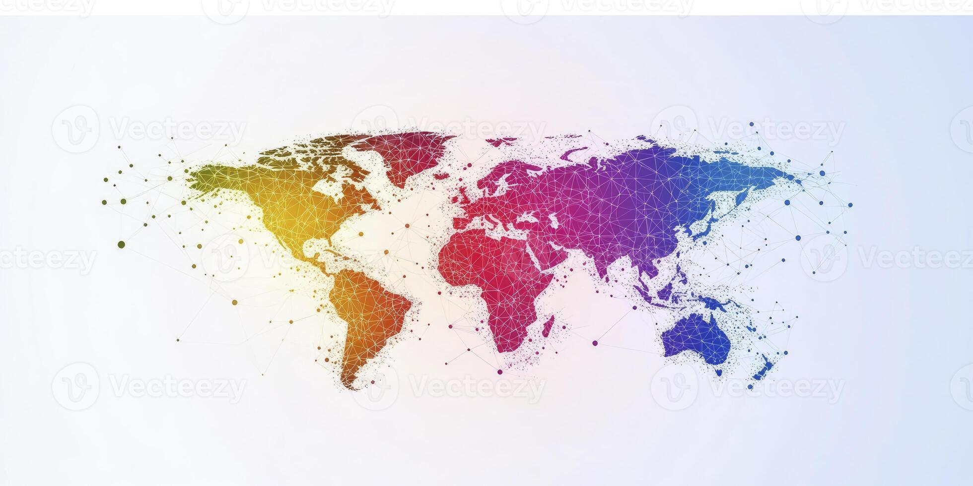 Colorful World Map Illustration Showing Connections and Global Network on White Background photo