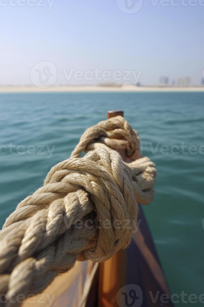 Boat Rope Detail on Water with Shoreline in the Background Under Clear Sky photo