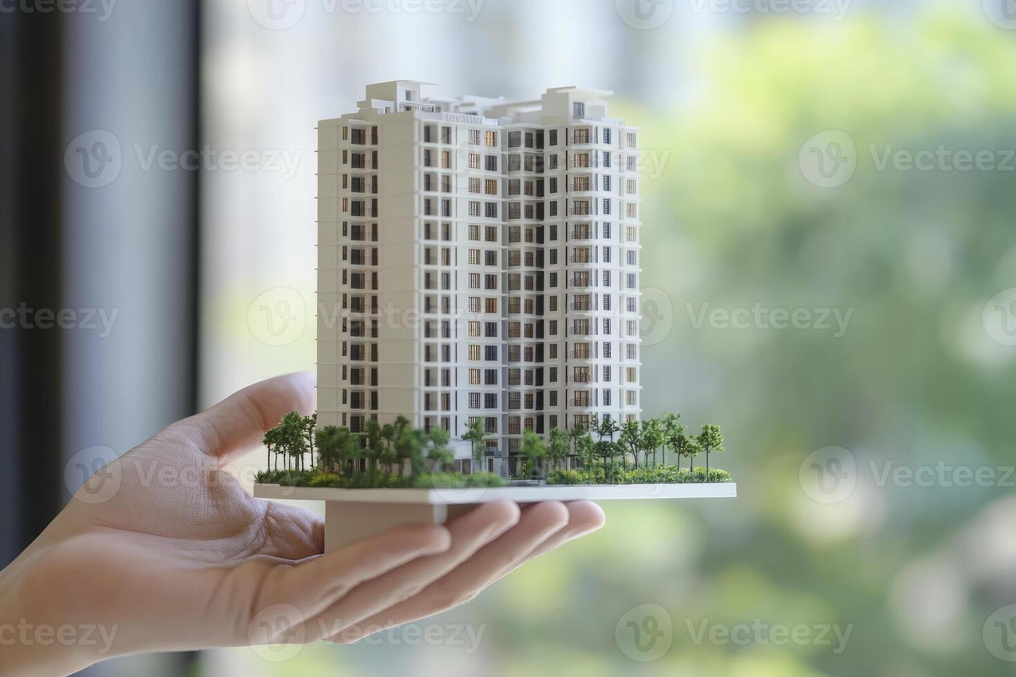 Holding a Model Skyscraper Building in Hand with Miniature Trees and Green Background photo