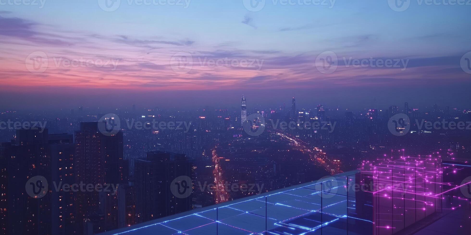City Skyline at Sunset with Digital Lines and Illuminated Buildings photo