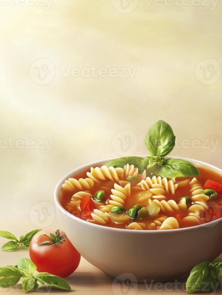 Pasta Soup with Vegetables in a Bowl with Fresh Basil and Tomato photo