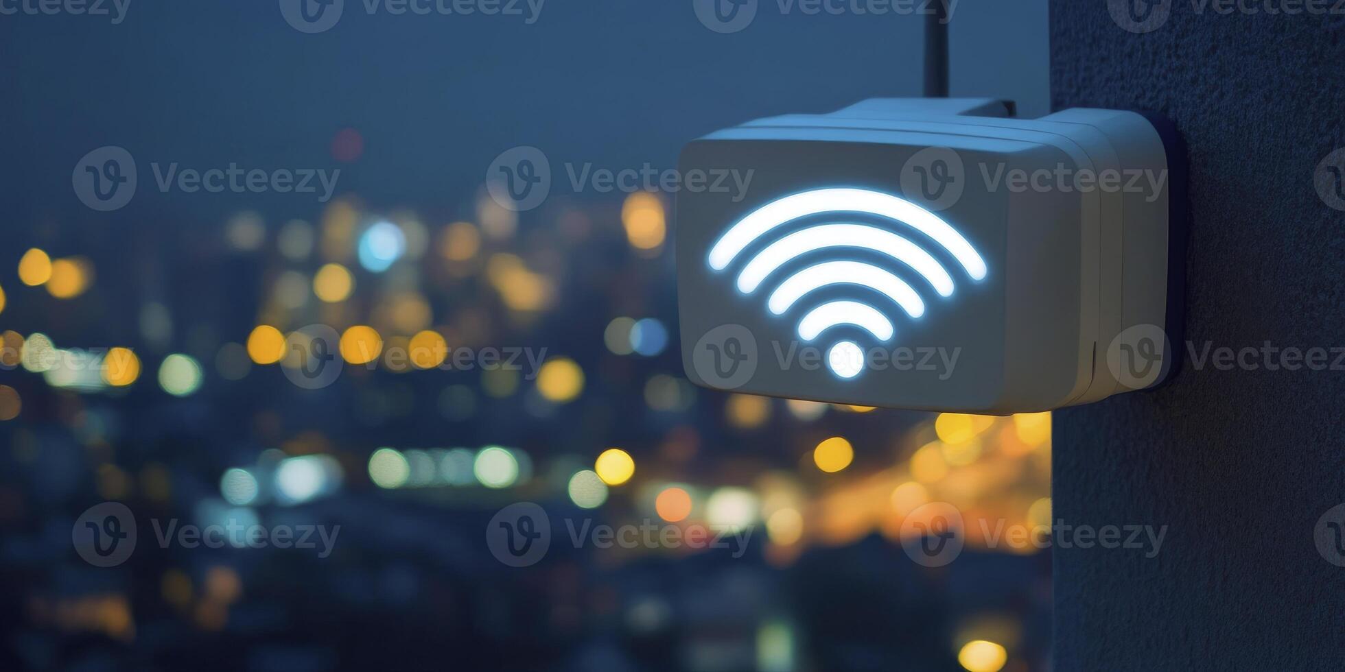 Wireless Wifi Signal Device Glows at Night Over City Lights for Internet Connectivity photo