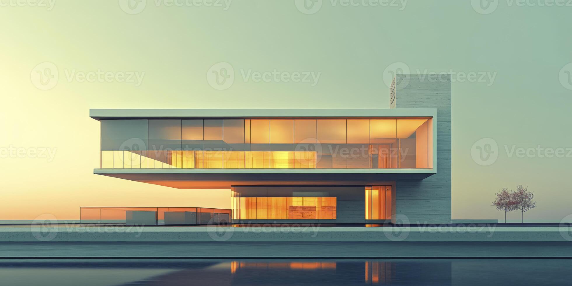 Modern Architectural Building with Large Windows Reflecting Warm Sunset Light photo
