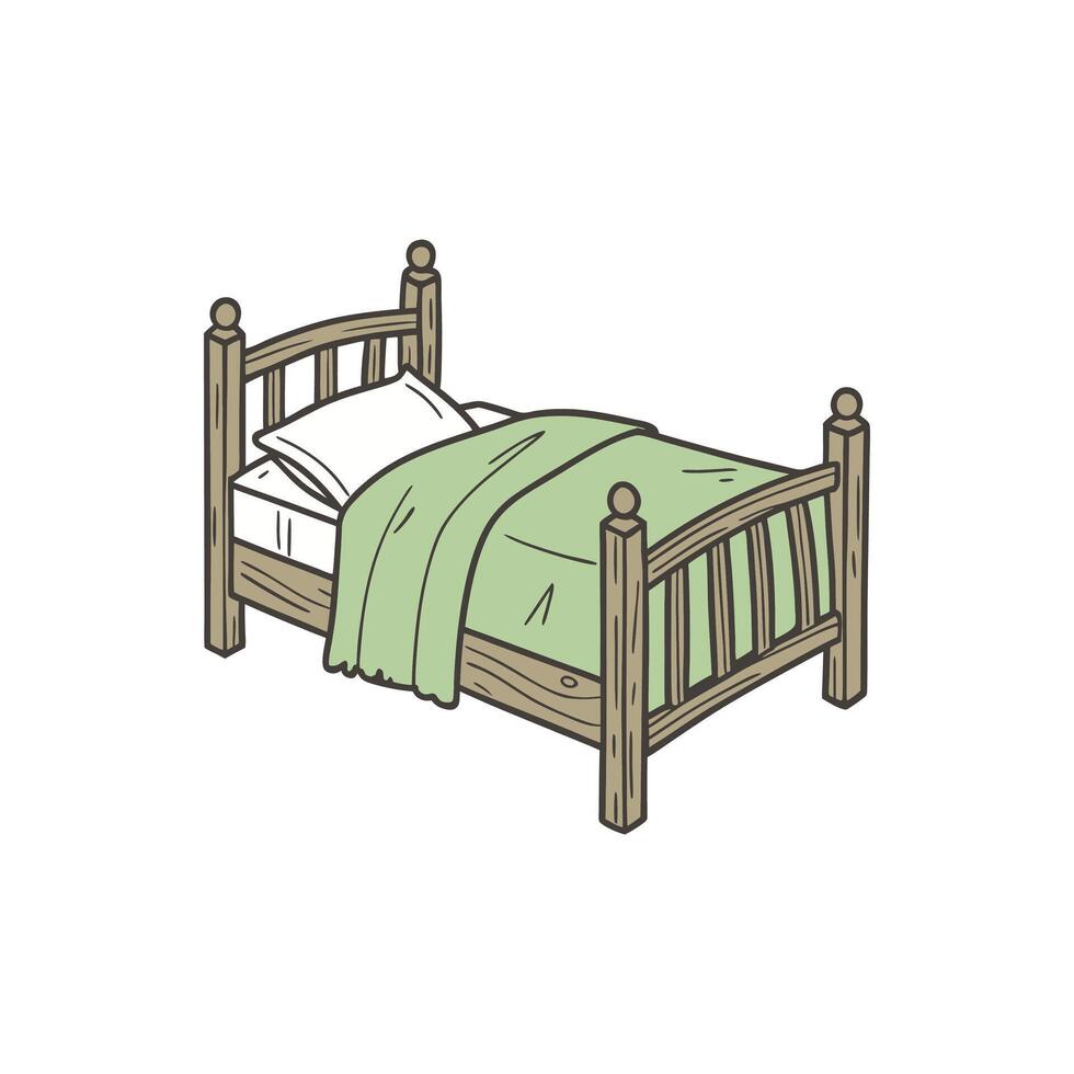 A cartoon bed with green sheets and a wooden frame vector