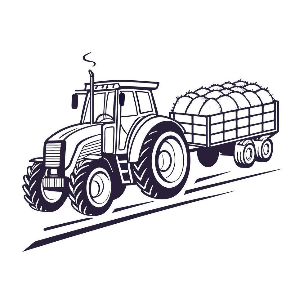 Tractor with hay bales on the back, illustration vector