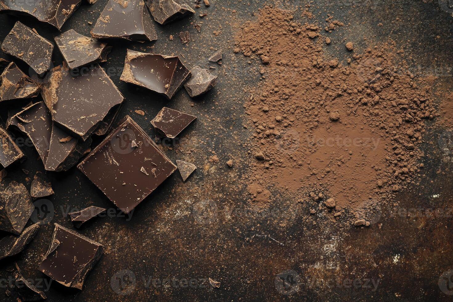 Dark Chocolate Pieces with Cocoa Powder on a Rustic Background photo