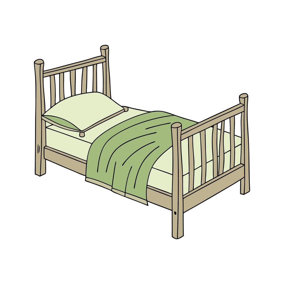 A bed with a green blanket and a wooden frame vector