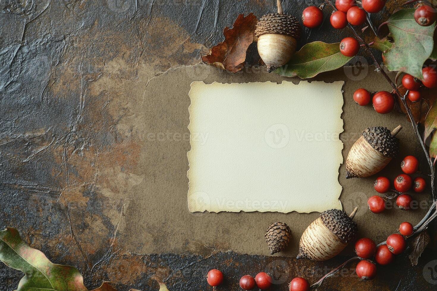 Autumn Still Life with Blank Card Acorns and Red Berries photo