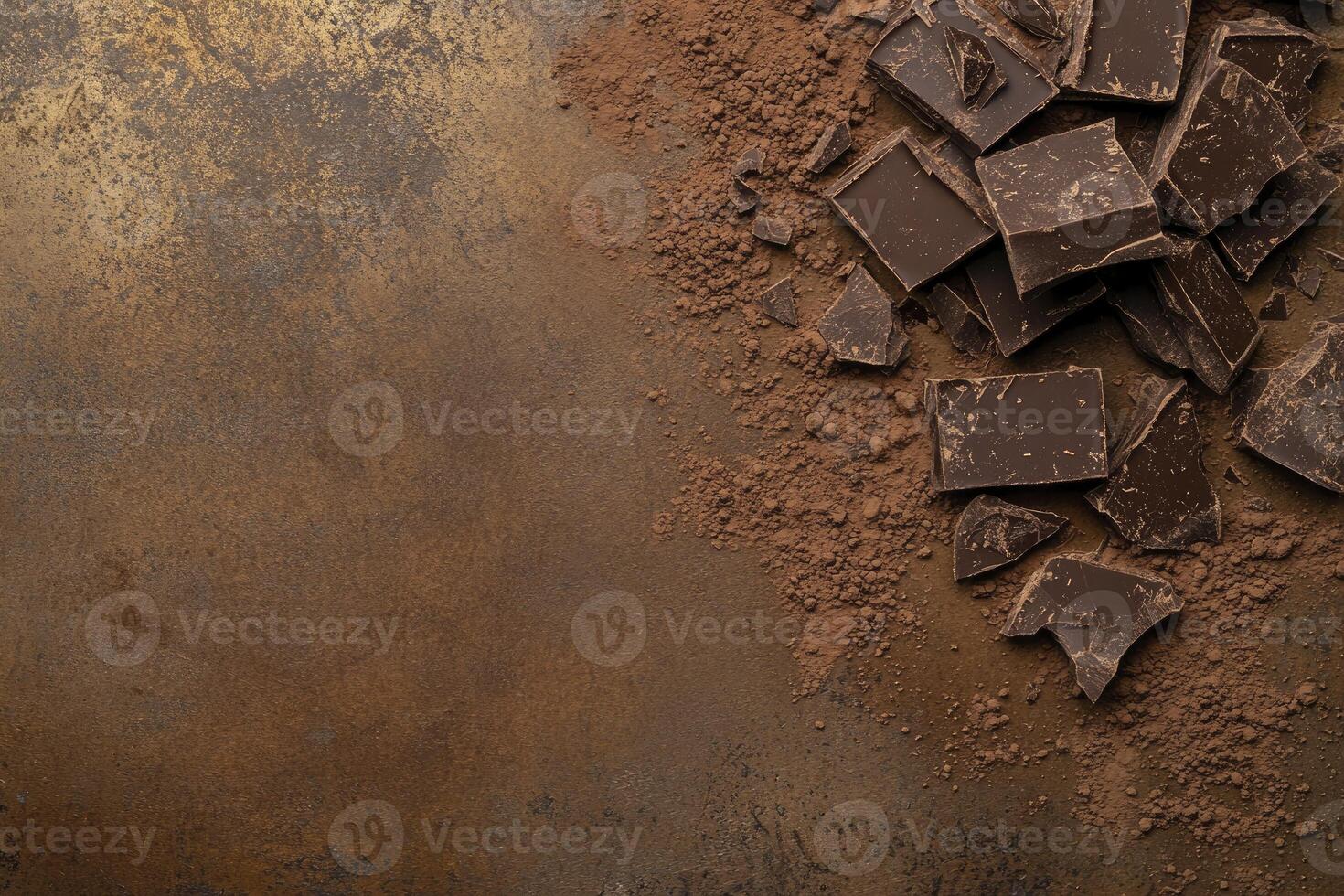Delicious Dark Chocolate Chunks with Cocoa Powder on Rustic Background photo