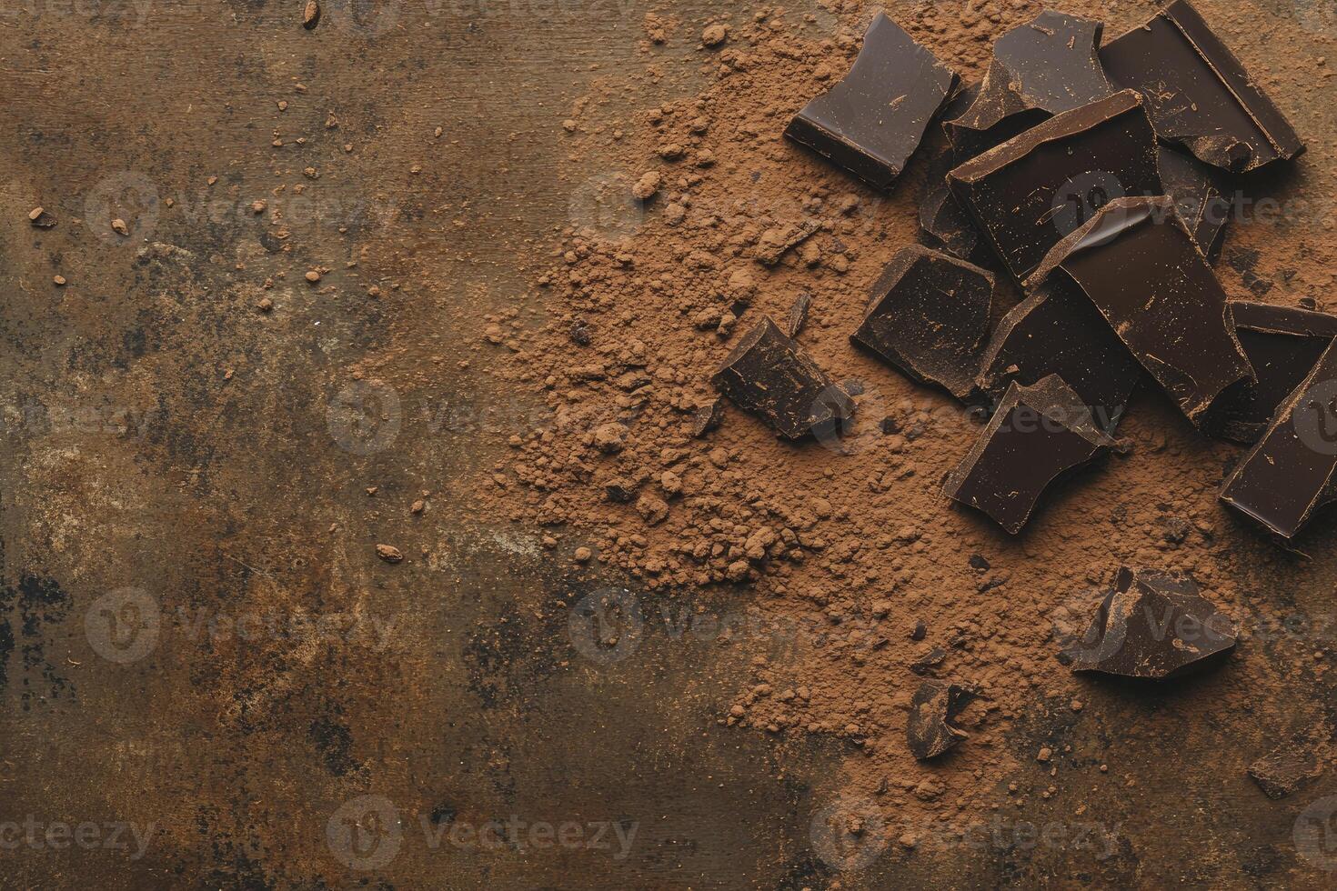 Dark Chocolate Chunks and Cocoa Powder on Rustic Brown Background photo