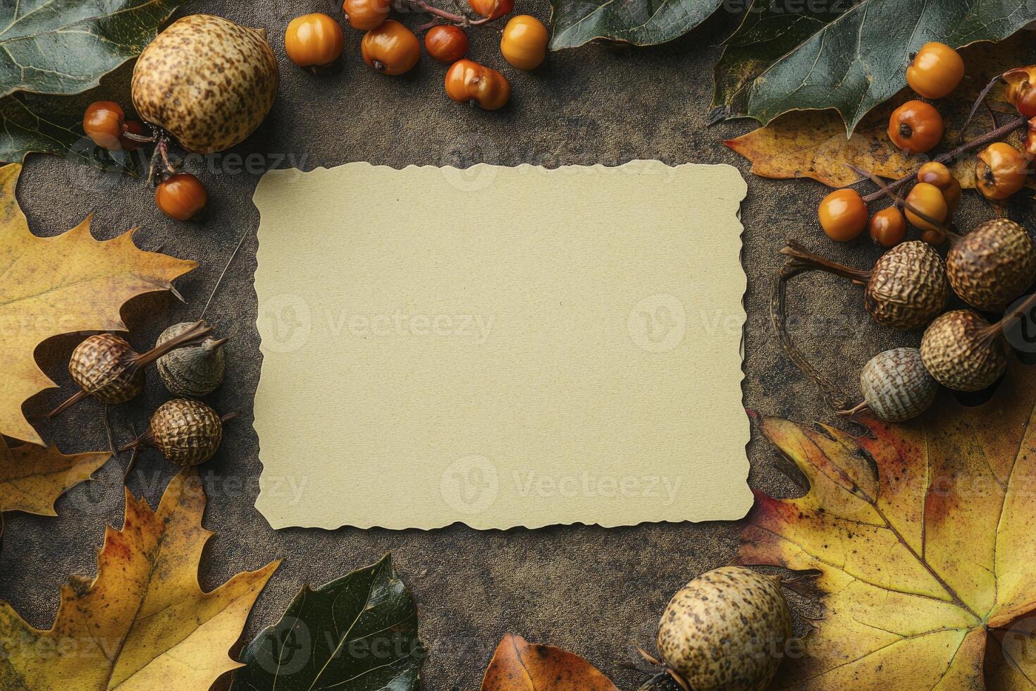 Autumn Card Mockup with Colorful Leaves and Berries Invitation Template photo