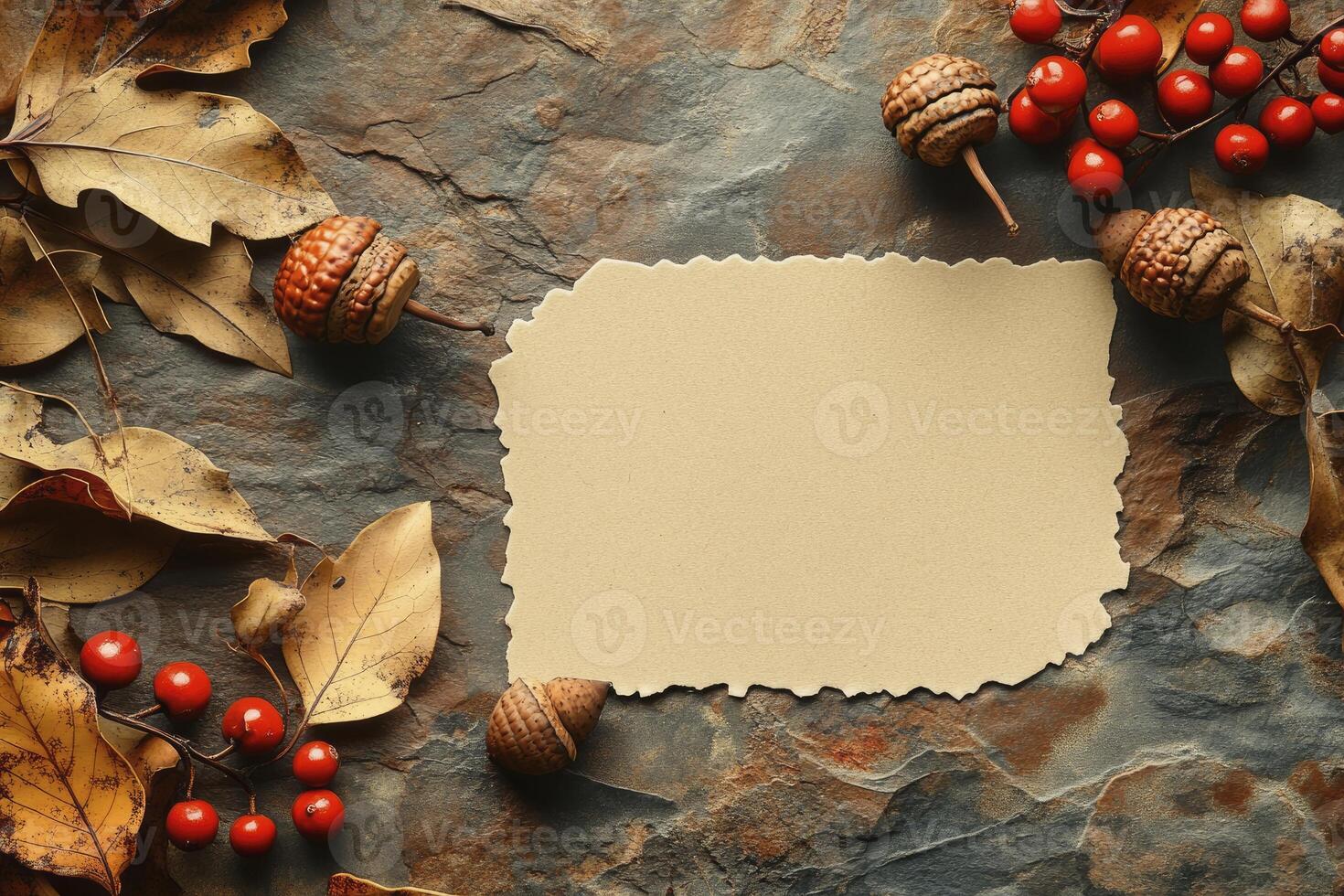 Fall Themed Flat Lay with Acorns, Berries, and Card Mockup photo