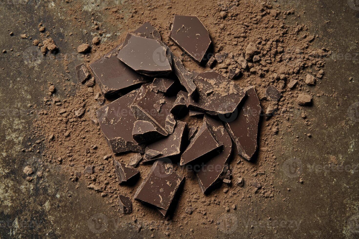 Dark Chocolate Pieces with Cocoa Powder on Textured Dark Background Overhead photo