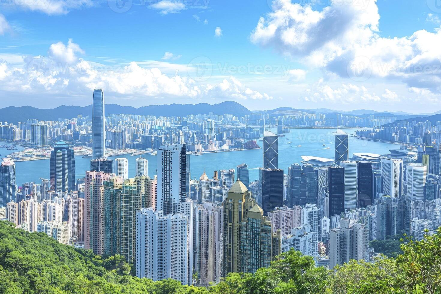 Aerial View of Hong Kong Cityscape with Skyscrapers and Victoria Harbour photo