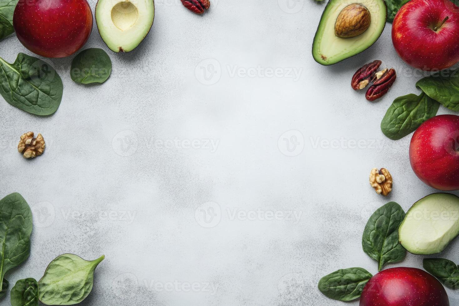 Healthy Eating Concept with Fresh Fruits Nuts and Spinach Leaves photo