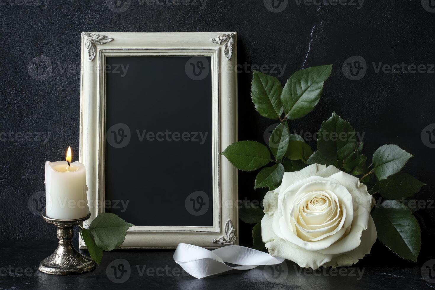 White Rose with Frame and Candle for Remembrance or Memorial photo