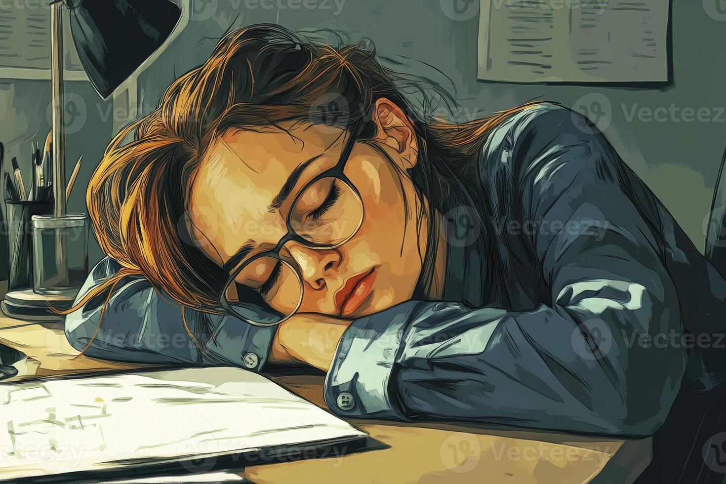 Woman Sleeping on Desk with Eyeglasses Artwork Creative Stress Concept photo