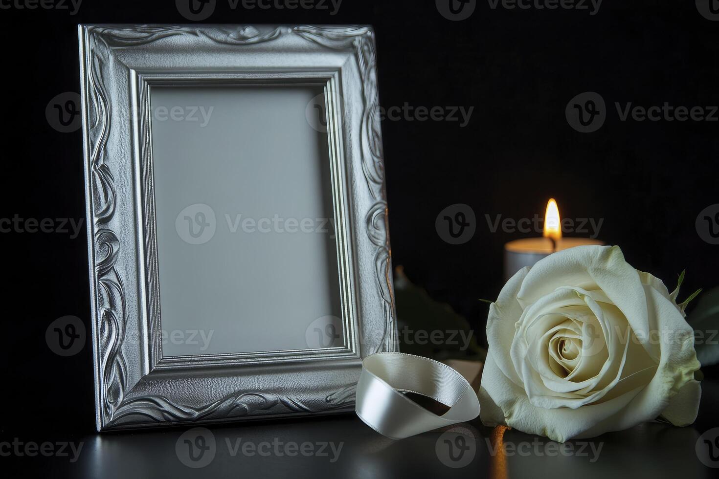Elegant White Rose and Picture Frame with Candlelight for Remembrance photo
