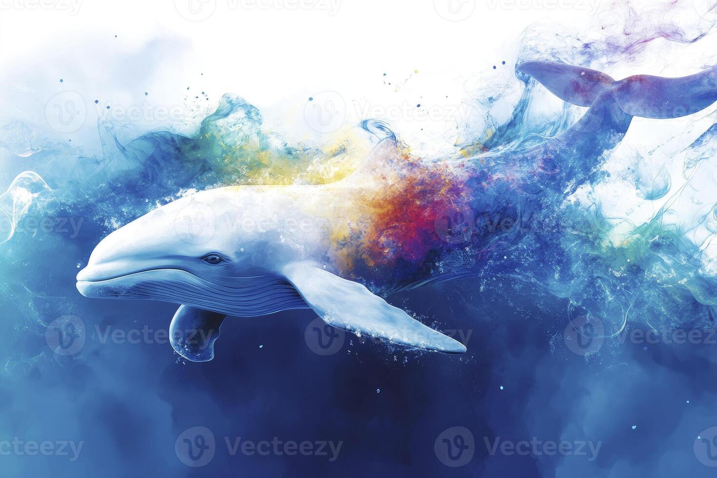 Whale Swimming Gracefully with Abstract Colorful Smoke Effect Underwater photo