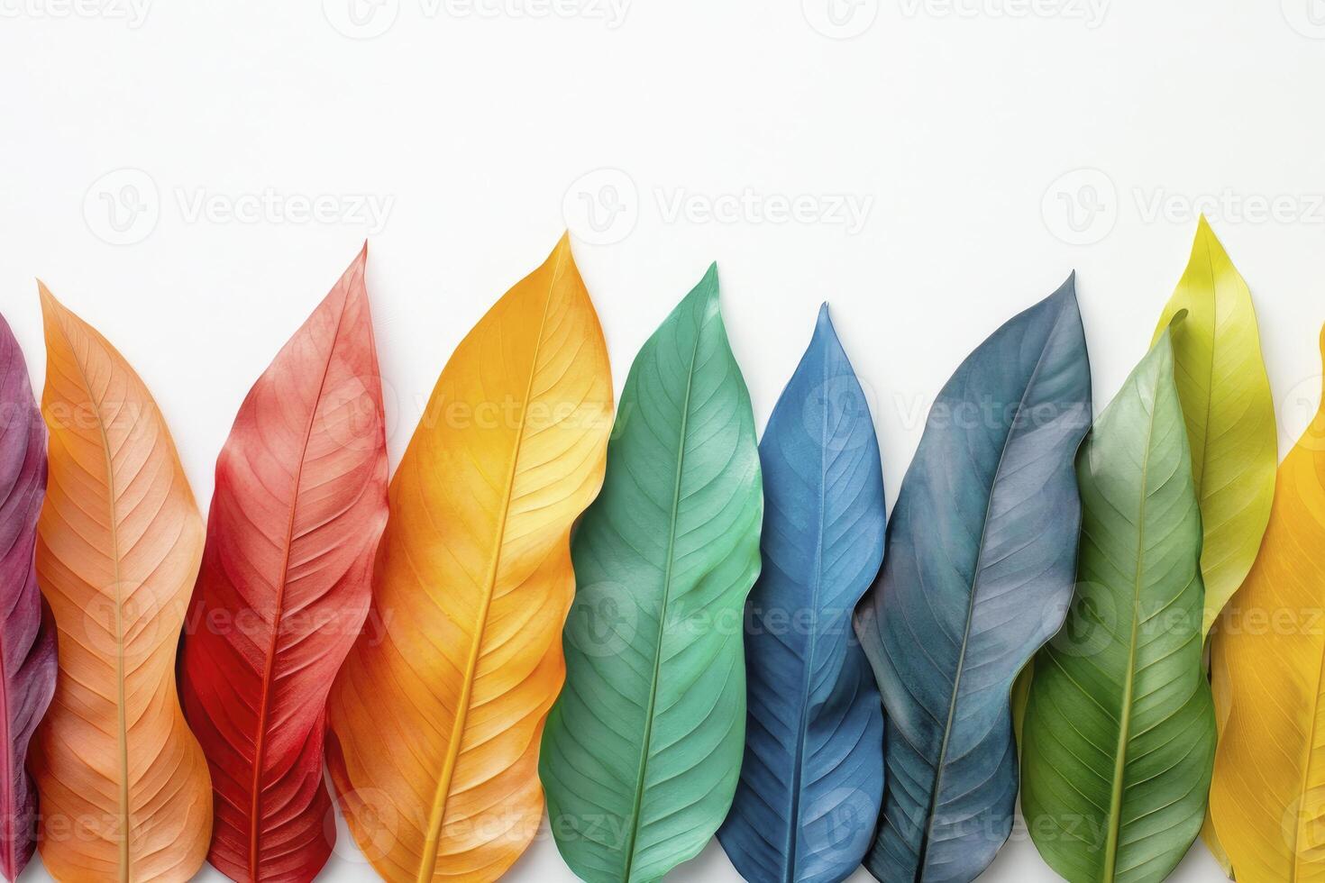 Arrangement of Colorful Leaves on White Background Creating a Spectrum Effect photo