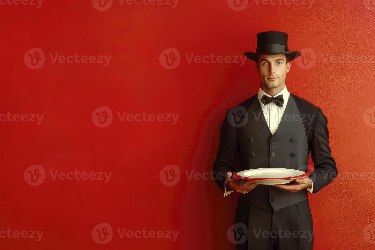 Butler Holding Empty Plate Posing in Black Tuxedo and Top Hat photo