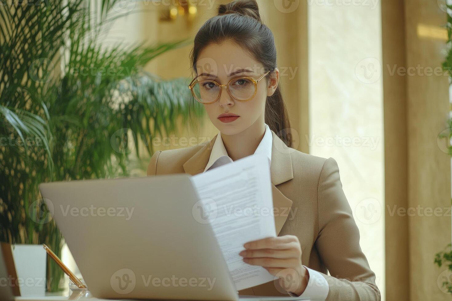 Woman Reviewing Document with Laptop in Elegant Workspace Environment photo
