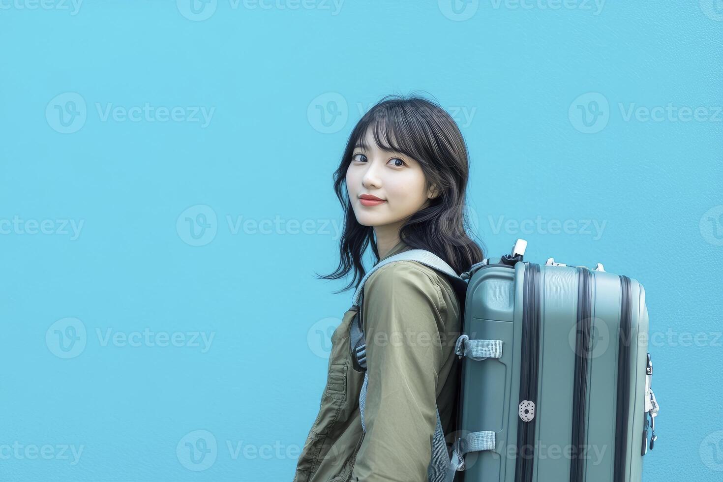 Woman Traveler with Suitcase Looking Back on Blue Wall Background photo