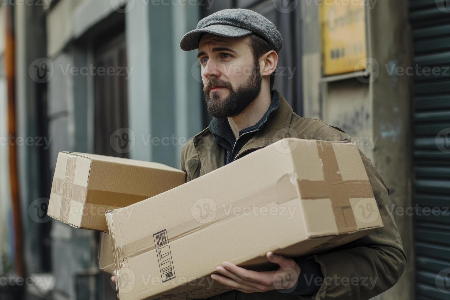 Man Carrying Cardboard Boxes Outdoors Delivering Packages in Urban Environment photo